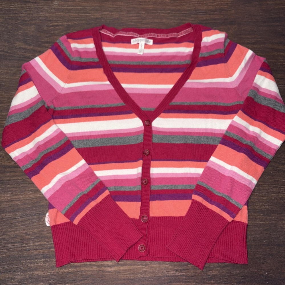 Aeropostale Striped Button Cardigan Sweater Size Large Pink Purple 2011